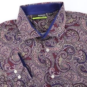 Murano Performance Slim Fit Paisley Button Down Shirt Burgundy Mens Large